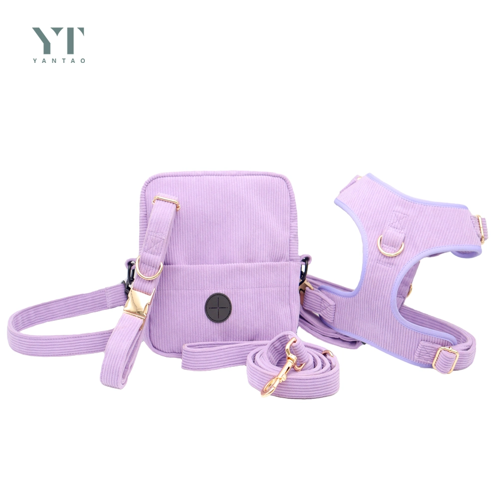 Luxury Custom High Quality Purple Corduroy Pet Bag and Collar Set Padded Long Line Leads Dog Vest Carrier Dog Collar for Dogs